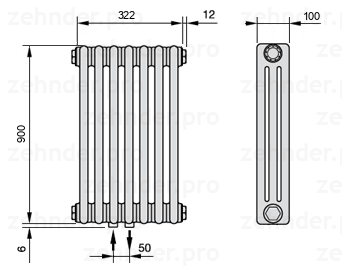 Схема (чертеж) Радиатор Zehnder Charleston 3090/7 №3470 Белый глянцевый RAL 9016